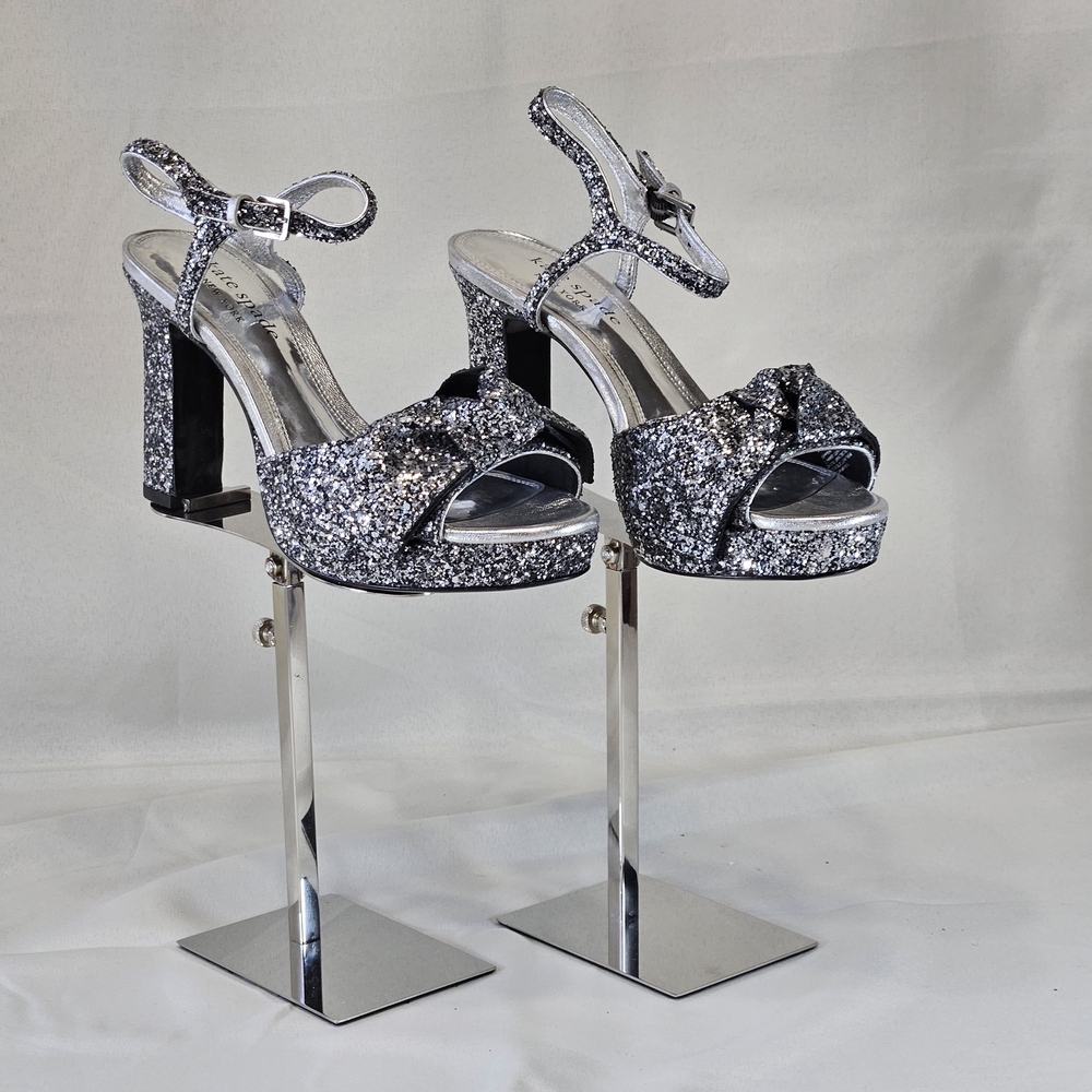 Kate Spade Silver Glitter Bow Miya Platform Open Toe Heels Sz 8B